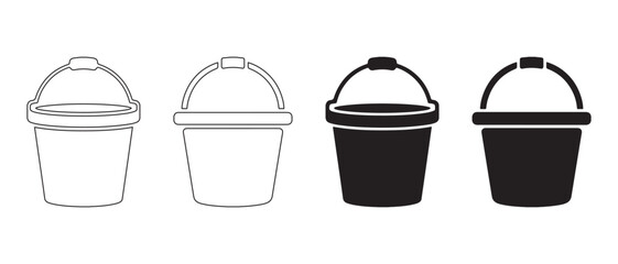 Bucket Icon Set. Four Stylized Container Silhouettes in Outline and Solid Fill.