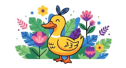 Fototapeta premium Cheerful yellow duck surrounded by vibrant flowers and leaves in a colorful garden setting