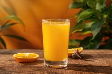Fototapeta premium Glass of fresh citrus juice on a wooden surface with green leaves and vibrant colors