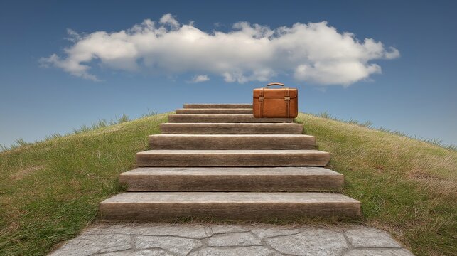 An abstract path leading from a university gate toward a briefcase. education marketing, university career center visuals, academic posters, corporate recruitment materials, graduation campaigns