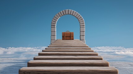 An abstract path leading from a university gate toward a briefcase. education marketing, university career center visuals, academic posters, corporate recruitment materials, graduation campaigns