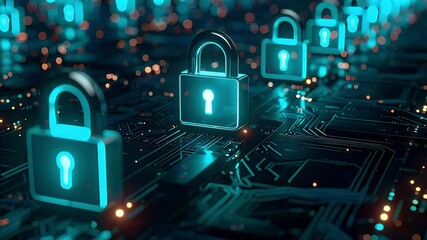 Abstract digital padlocks glow on a futuristic circuit board, symbolizing cybersecurity, data privacy, and secure network connections. - Powered by Adobe