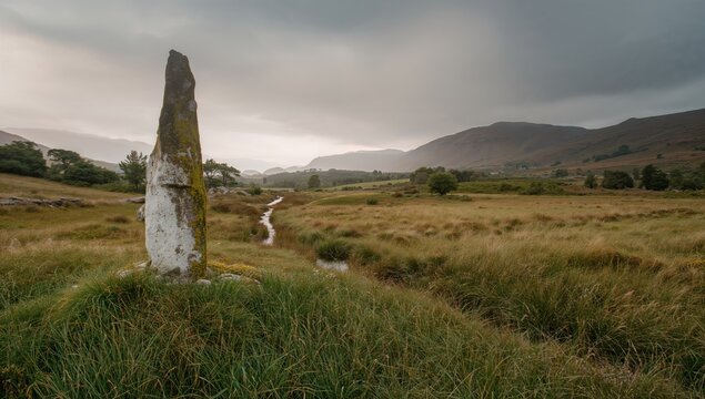 Monolith and meadow on a remote island