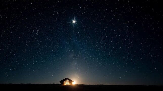 Image of Jesus in the manger in a hut, the Star of Bethlehem against the starry night sky. Christmas background, wide panorama, photorealistic image, slow motion video. Merry Christmas!