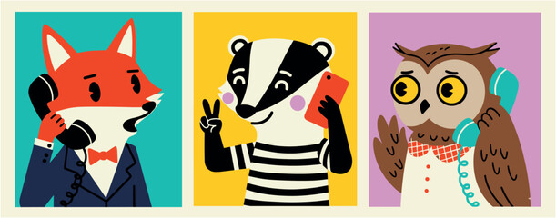Cartoon illustration of fox, badger, owl, bear, monkey, and rabbit communicating with phones and gadgets