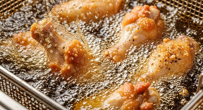Crispy fried chicken drumsticks cooking in hot oil, bubbling and sizzling in a deep fryer