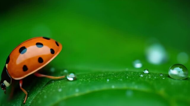 An intimate macro shot featuring a vibrant ladybug perched on a green leaf adorned with dew drops. 