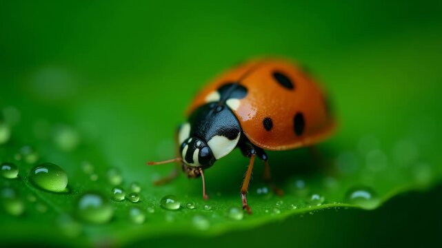 An intimate macro shot featuring a vibrant ladybug perched on a green leaf adorned with dew drops. 