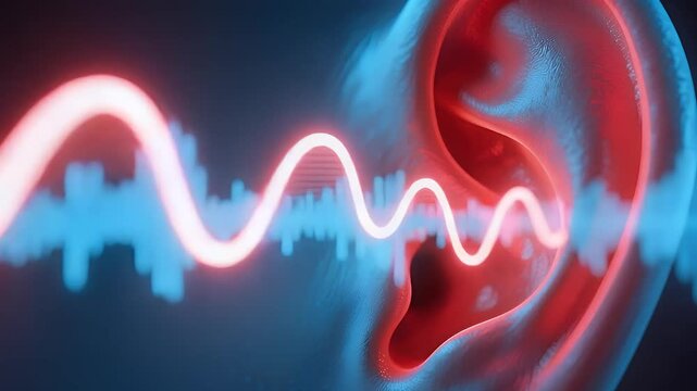 Human ear with vibrant red sound waves and blue equalizer bars, symbolizing hearing, audio technology, communication, and neurological processes.