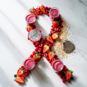  Pink ribon shape forming Colorful Healthy fruits and vegetabls in bowl.