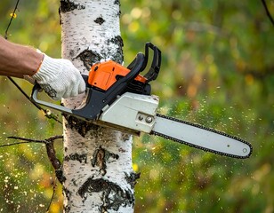 A gloved hand uses an orange and white chainsaw to cut into a birch tree