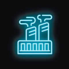 Fototapeta premium Blue neon style vector icon of a factory emitting smoke pollution on a black background