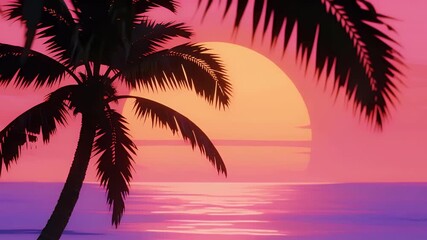Vibrant tropical sunset with palm tree silhouettes over stylized ocean, featuring retro pink and purple sky. Ideal for synthwave or vacation themes. - Powered by Adobe