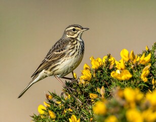 Fototapeta premium A small brown and beige bird perched on a bush with yellow flowers