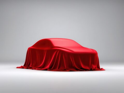 A car is under a red silk sheet, waiting to be revealed to the public. New design for the future