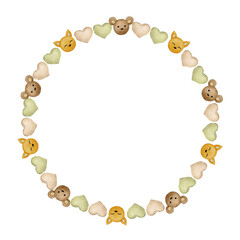 Round frame for baby in pastel colors. Watercolor wreath, backdrop for birthday card, gender party, baby shower, children's party. Greeting card, invitation in Scandinavian, boho, and retro styles. 
