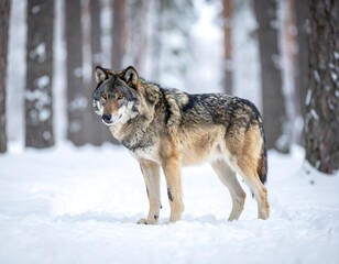 Fototapeta premium A majestic gray wolf stands alert in a snowy forest, gazing directly at the viewer