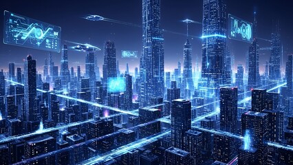 A futuristic cityscape, glowing blue, with data streams connecting buildings and flying vehicles