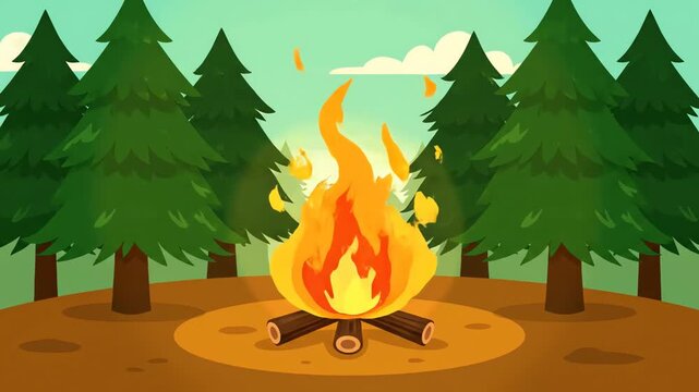 Animated Cartoon Campfire Burning Brightly in a Pine Forest Loop.