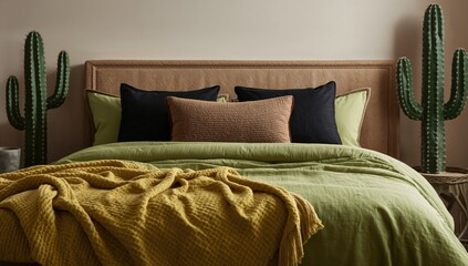 Bedroom featuring a cactus theme with a king-size bed and green bedding, promoting relaxation and tranquility