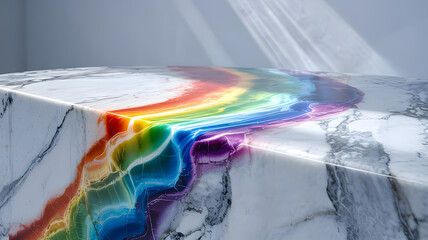 Artistic watercolor painting on the wall features a colorful blue wave pattern and a yellow sun design