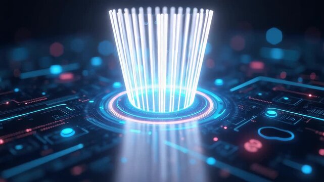 A sleek, high-tech holographic user interface with floating neon data streams, rotating 3D elements, and flickering numerical codes. 