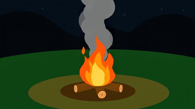 Animated Cartoon Campfire Burning Brightly at Night.