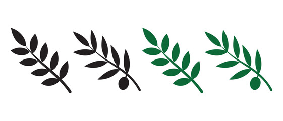 Olive Branch Icon Set. Black and Green Silhouettes for Peace and Nature Design.
