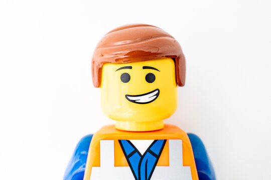 Bradford, UK Oct 30 2025 - Lego Emmet plastic toy shot close up on a white background.