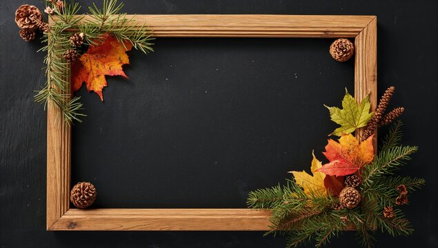 Empty wooden frame on a dark backdrop with autumn foliage, pine branches and pine cones, ideal for seasonal displays
