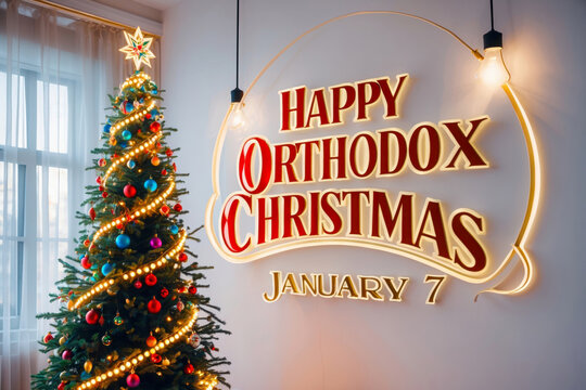 Greeting card with Orthodox Christian Christmas on background decorated Christmas tree AI Generative - Powered by Adobe