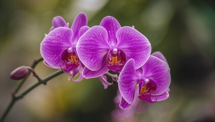 Obraz premium Side view of vibrant purple orchids blossoming in the summer, capturing elegance and joy with a soft focus effect