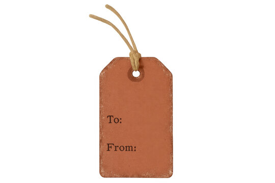 Vintage brown cardboard gift tag with string and text fields to: and from: on transparent background