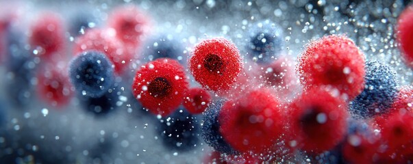 Frosted berries in close up with red raspberries and blue blueberries in icy glow