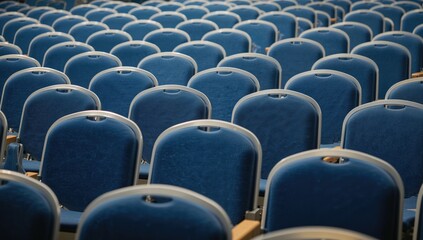 Obraz premium Blue empty seats arranged for an event, reflecting organization and preparation for a conference