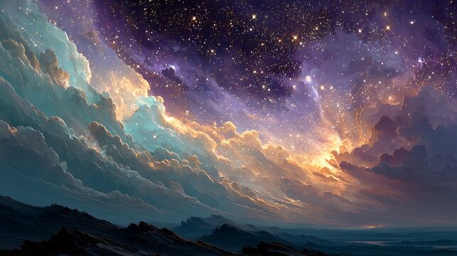 Dramatic clouds meet starry night sky, a breathtaking celestial landscape photography art
