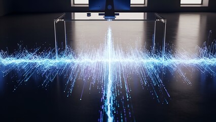 Glowing light effect under a minimalist clear desk with monitor, set in a modern room