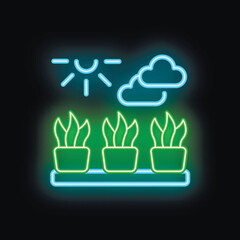 Neon icon of three green plants on a shelf, enjoying the sun under a fluffy cloud
