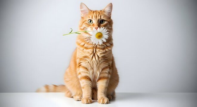 Playful orange cat holding a daisy in its mouth, sitting on a table with a clean, minimal background