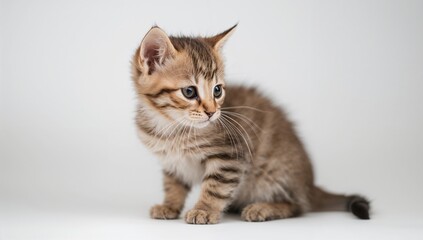 Adorable tabby kitten sitting and looking to the side, conveying curiosity and calmness
