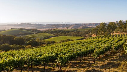 Naklejka premium Emerging vineyards and wineries nestled in rolling hills known for cultivating diverse high-quality grapes for winemaking along a picturesque highway.