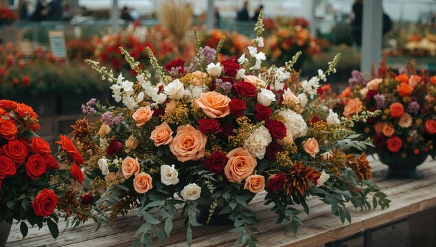 Beautiful flower arrangement on table at public agriculture station, showcasing floral design and botany