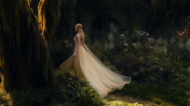 Beautiful elf princess walking in a magical fantasy forest
