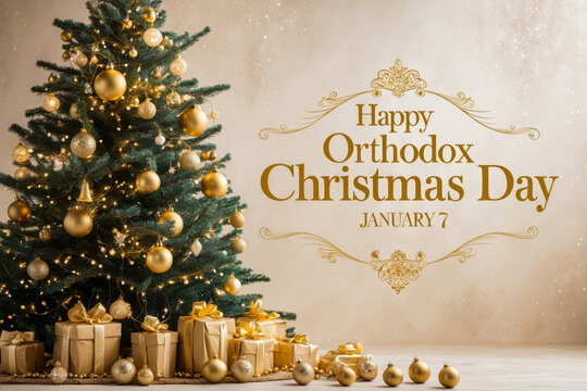 Greeting card with Orthodox Christian Christmas on background decorated Christmas tree AI Generative