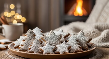 Warm Winter Delights Festive Sugar Cookies Dusted with Powdered Sugar by a Cozy Fireplace
