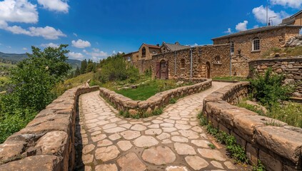 Stone pathway through historic outdoor architecture near thermal springs
