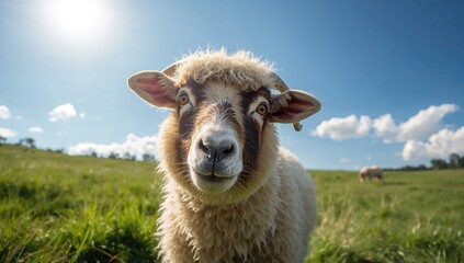 Obraz premium Humorous sheep gazing directly at the viewer, playful demeanor