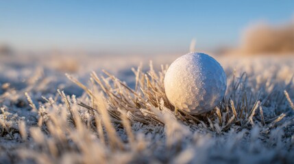 A golf ball coated in frost lies on the icy grass during early morning light. The serene scene captures the stillness of a cold winter day at dawn.