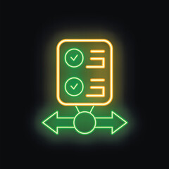 Neon green double arrow balancing a checklist with two check marks glowing on a black background