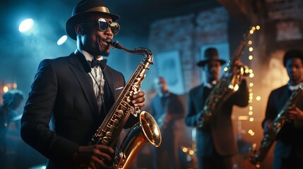 A group of African American men perform jazz music in a lively setting. One man plays the saxophone, wearing sunglasses and a suit. The atmosphere is festive and vibrant.